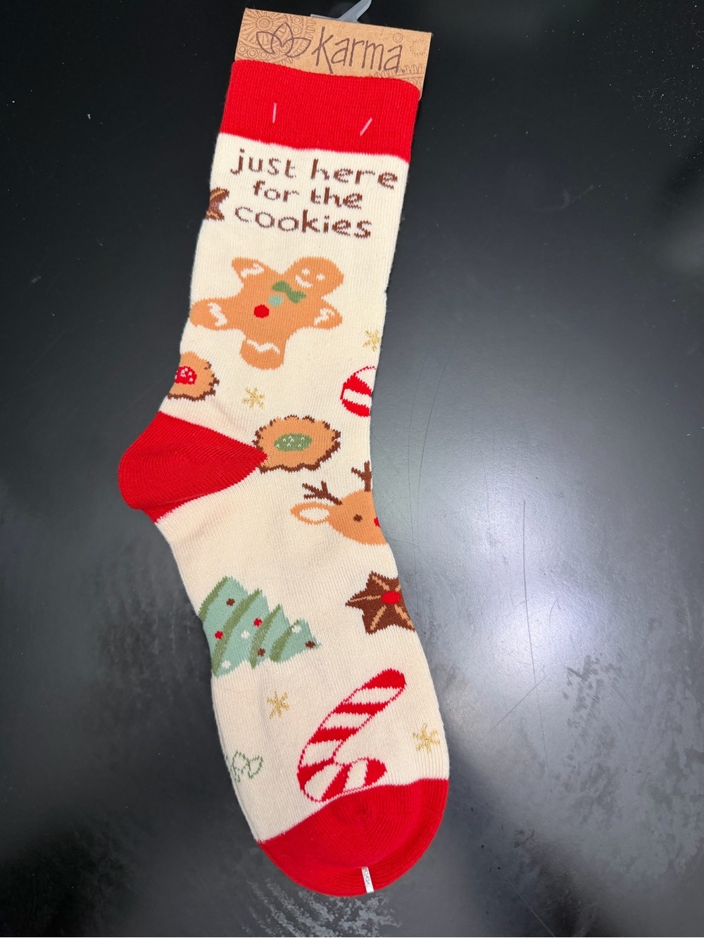 Karma Holiday Cookie Crew Socks - Cream & Red with Green Accents
